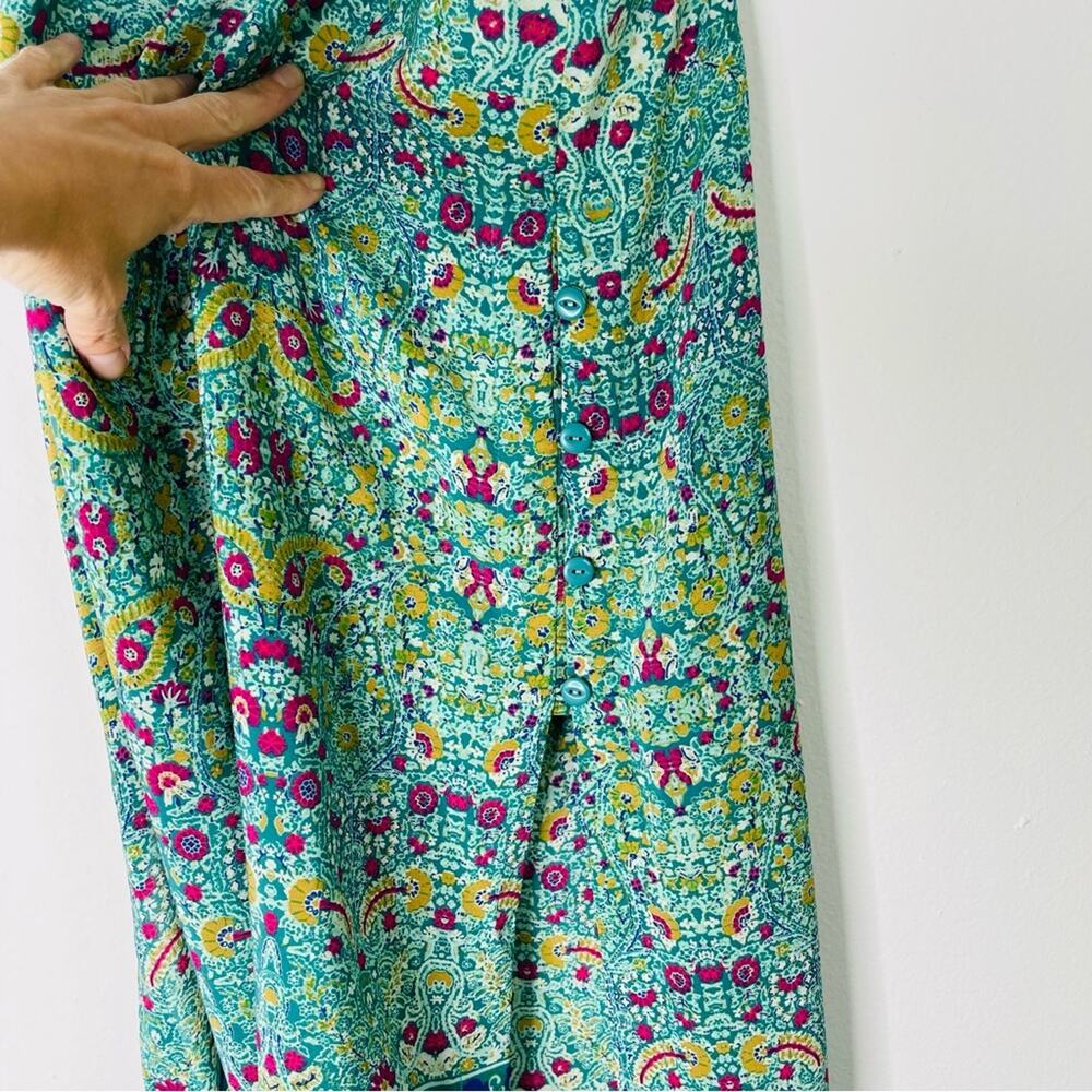 Anthropologie Maeve green pink silk floral boho strappy button tunic top 6 - Picture 4 of 11